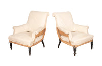 Pair French 19th century scroll back armchairs