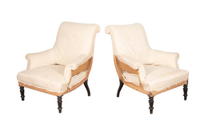 Pair French 19th century scroll back armchairs