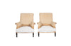 Pair of elegant strIpped French, 19th century, country house armchairs with scrolled backs.