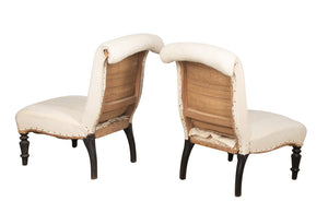 Elegant pair of scroll back, French 19th century chauffeuses slipper chairs