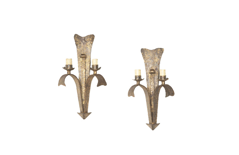 Pair of 20th Century very stylish Spanish gilt iron wall appliques by Ferro Art - Vintage Wall Lights