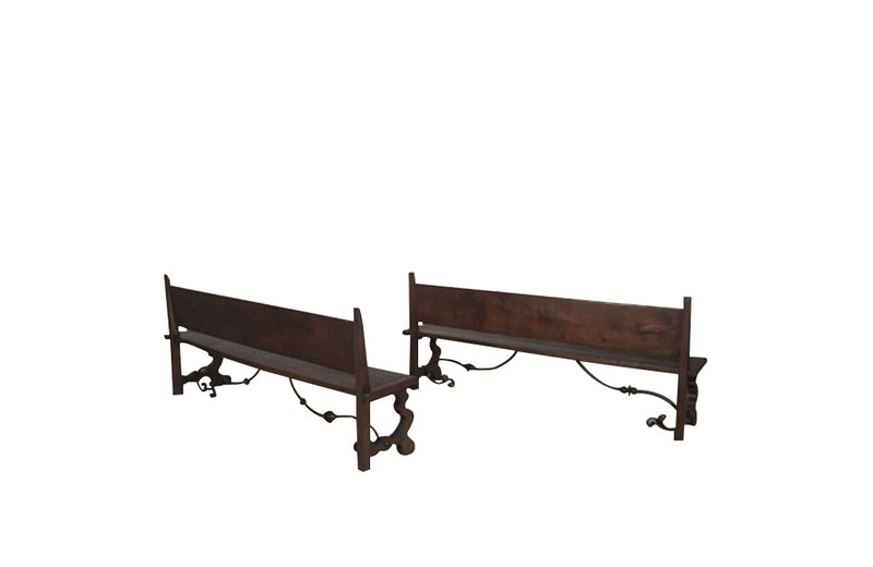 PAIR OF LARGE OAK AND IRON SPANISH BENCHES