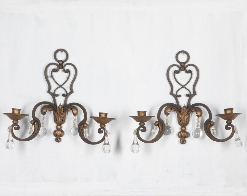 A pair of Antique French iron and gilt iron wall sconces with glass drops - Antique Lighting - Decorative Antiques - AD & PS Antiques