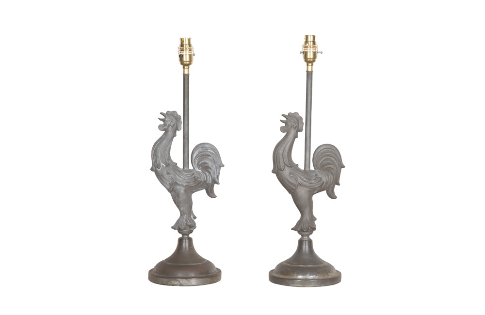 PAIR OF ZINC ROOSTER TABLE  LAMPS