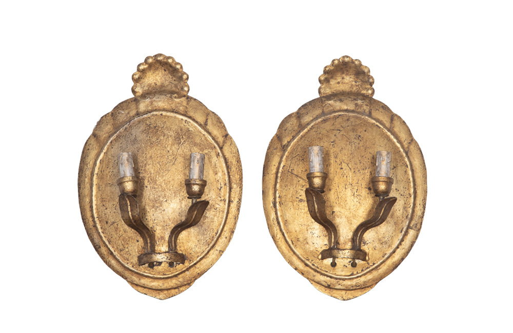 Italian decorative gilt tole oval wall light appliques with shell finials - Decorative Antiques - Antique Wall Lights - AD & PS Antiques 