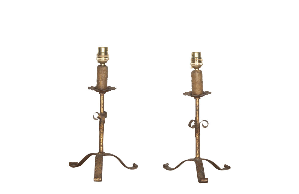 Pair of small mid 20th century Spanish gilt iron table lamps