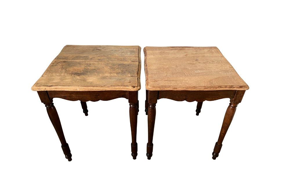 Pair of French square wooden bistro tables with scrubbed tops circa1920