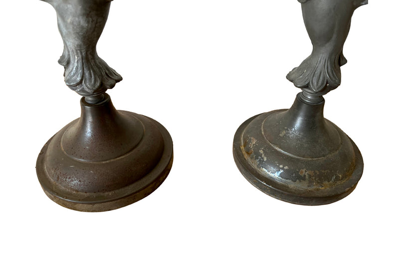 Charming pair of French mounted zinc cockerel table lamps. First half of the 20th Century,