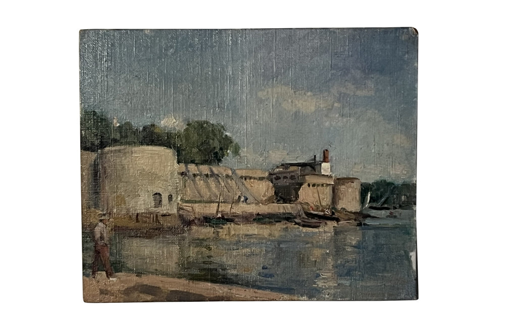 20th century charming, small painting of a scene by the port of Concarneau, Finistere, Brittany. 
