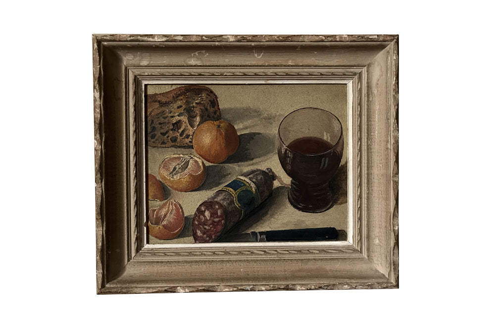 Small 20th century framed French oil painting of a glass of wine, salami, mandarins, bread and knife - French Antiques