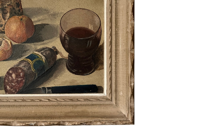 Small 20th century framed French oil painting of a glass of wine, salami, mandarins, bread and knife - French Antiques