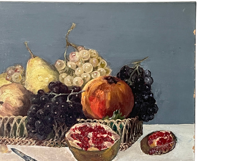 20th Century French still life painting of a basket of fruit with a knife - French Antiques 