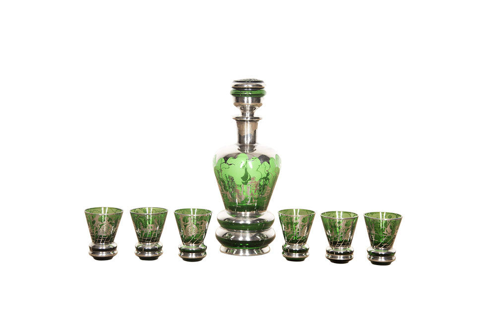 Murano Glass Cocktail Set - Venetian Green Glass & Silver Liqueur Service - Murano Glass Carafe and Glasses - Vintage Glassware - Green Glass - Antique Glassware - Italian Antiques -Vintage Italian Accessories - AD & PS Antiques