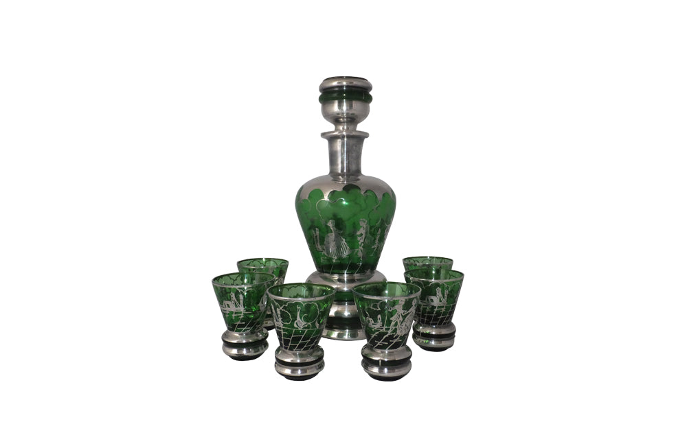 Murano Glass Cocktail Set - Venetian Green Glass & Silver Liqueur Service - Murano Glass Carafe and Glasses - Vintage Glassware - Green Glass - Antique Glassware - Italian Antiques -Vintage Italian Accessories - AD & PS Antiques