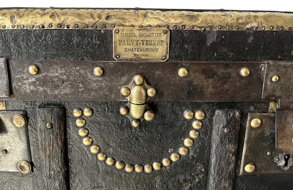 Studded Black Travelling Trunk By Parvy-Vernon - Decorative Antiques - French Antique Furniture - French Antiques - Antique Luggage - Antique Trunk - AD & PS Antiques