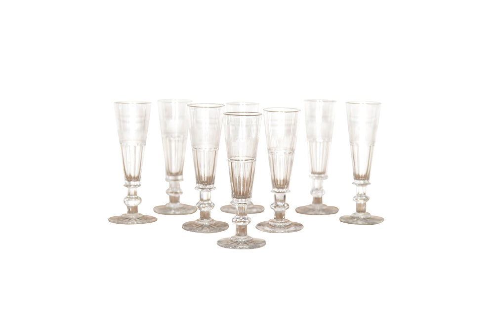 Set of Eight Antiques Crystal Champagne Flutes-French Antiques-Antiques Glassware-Champagne Flutes-French Champagne Glasses-AD & PS Antiques