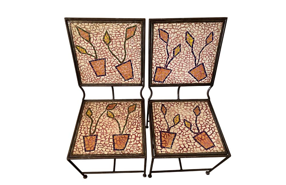Pair Of Quirky Mosaic Iron Chairs - French Decorative Garden Antiques - Garden Chairs - Mid Century Modern - Quirky Antiques - Side Chairs - Garden Chairs - Conservatory Furniture - Orangery - Mosaic - Iron Chars - Antique Shops Tetbury - adpsantiques - AD & PS Antiques