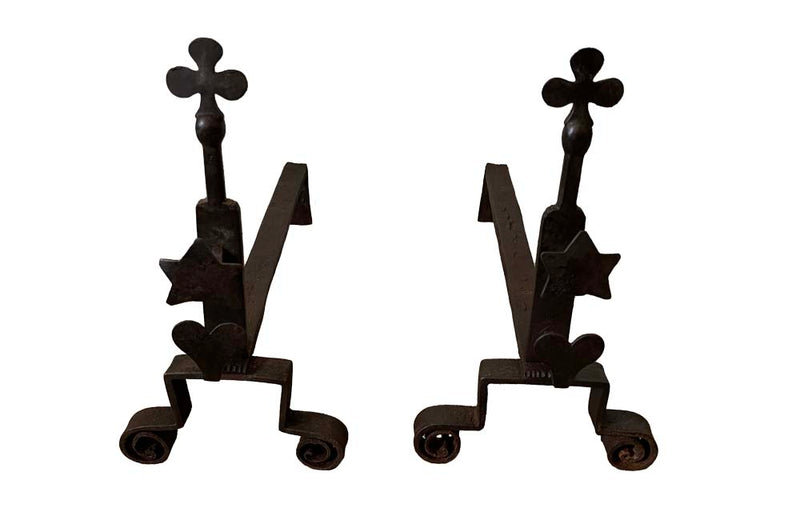 Pair Of Iron Andirons With Hearts Stars & Trefoils - French Antique Accessories - French Decorative Antiques - Fireplace Antiques - Andirons - Firedogs - Fireplace Accessories - Folk Art - Art Populaire - Antique Shops tetbury - adpsantiques - AD & PS Antiques