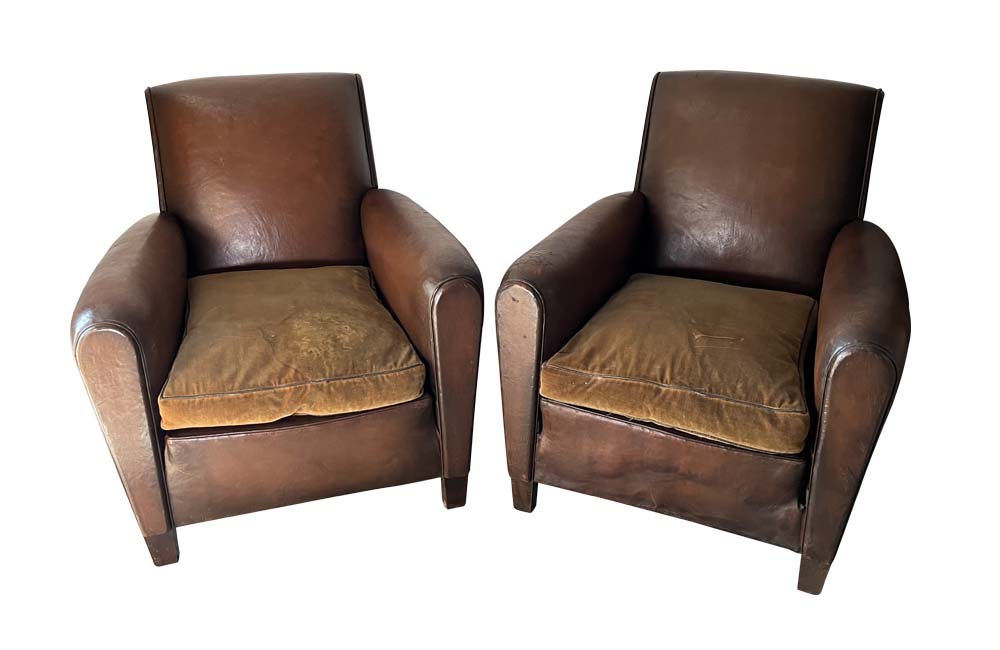 Pair Of 1950s Leather Club Chairs - French Mid Century Furniture - Leather Club Chairs - Leather Armchairs - Club Chairs - AD & PS Antiques