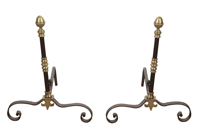 PAIR OF STYLISED NEO-CLASSICAL STYLE IRON & BRASS ANDIRONS