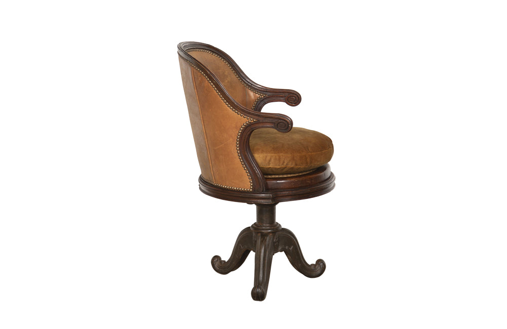 Antique French Louis XVI Style Mahogany Revolving Desk Chair in Leather