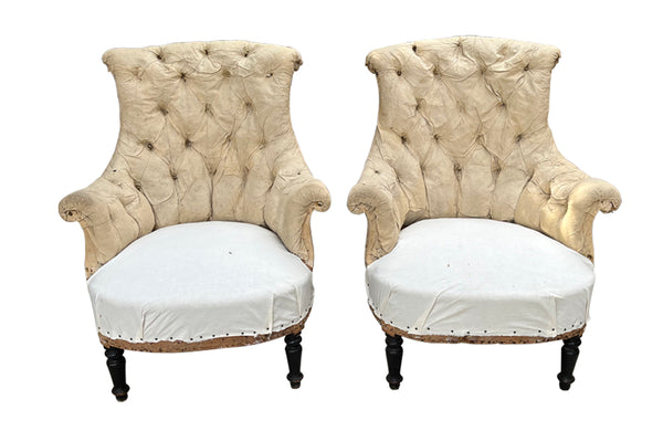 Pair Of French Napoleon III Tufted Armchairs - French Antique Furniture - Antique chairs - Antique Armchairs - French Antique Chairs - Scroll Back Armchairs - Antique French Armchairs -  - AD & PS Antiques 