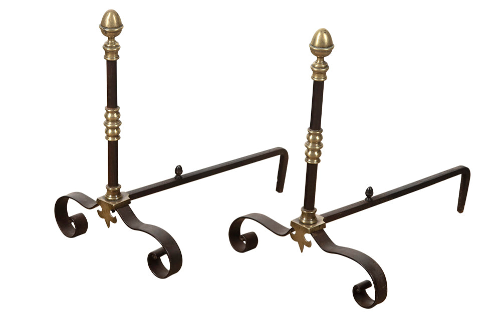 PAIR OF STYLISED NEO-CLASSICAL STYLE IRON & BRASS ANDIRONS