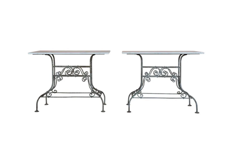 PAIR OF FRENCH IRON & MARBLE CONSOLE TABLES - FRENCH GARDEN TABLE - AD & PS ANTIQUES