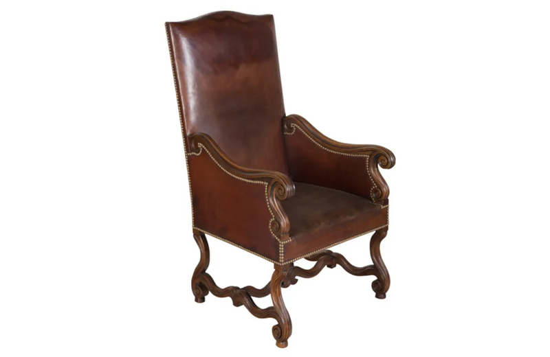 Handsome, beautifully carved walnut, leather armchair in the Louis XIV style - Antique Chairs - Antique Furniture