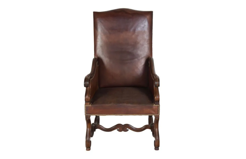 Handsome, beautifully carved walnut, leather armchair in the Louis XIV style - Antique Chairs - Antique Furniture