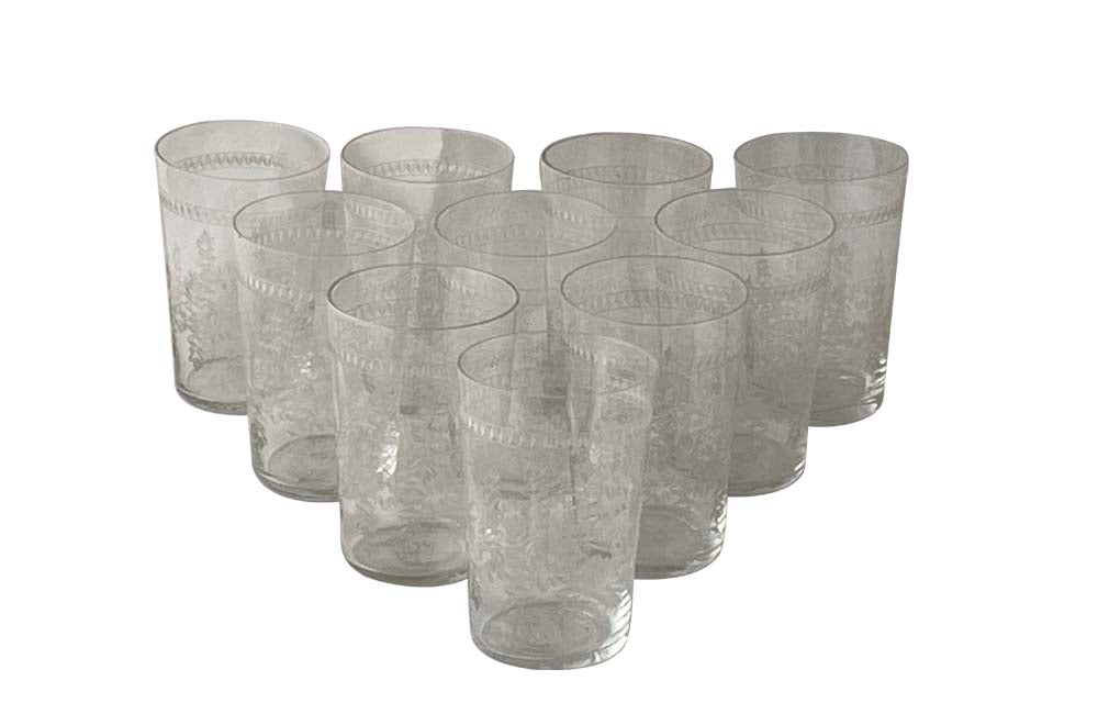 Set Of Ten Engraved Drinking Glasses - French Decorative Antiques - Antique Glasses - French Antique Accessories - Decorative Accessories - Wine & Food Antiques - Etched Glassware - Antique Shops Tetbury - AD & PS Antiques