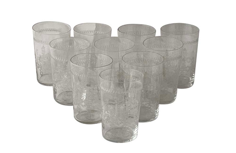 Set Of Ten Engraved Drinking Glasses - French Decorative Antiques - Antique Glasses - French Antique Accessories - Decorative Accessories - Wine & Food Antiques - Etched Glassware - Antique Shops Tetbury - AD & PS Antiques