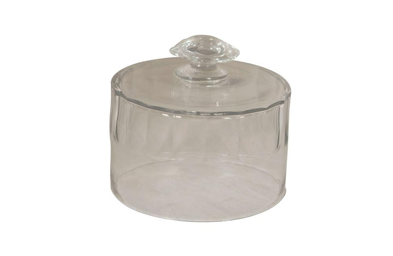   Early 20th Century glass cheese bell.  This clear glass bell is spacious enough to protect any cheese, a small cake or other treat.   Featuring a very decorative cut glass handle on the top and attractive grooved decoration all around.   A must-have piece for stylish entertaining. 