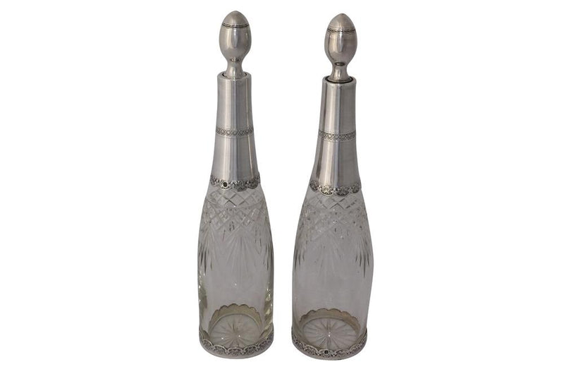 PAIR OF SILVER & CRYSTAL DECANTERS