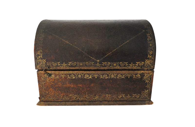 Charming French lidded file box in lovely old worn leather with Neo-Classical embossed motifs, including swans and urns . The base bears the original retail label of Au Bon Marche.