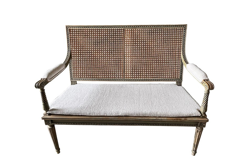 Louis XVI Revival Caned Banquette - French Antique Furniture - Antique Sofa - Louis XVI Stle Banquette - Antique Seating - Caned Bench - Neo Classical Style Furniture - Painted Antique Furniture - Antique Seating - Antique Shops Tetbury - AD & PS Antiques