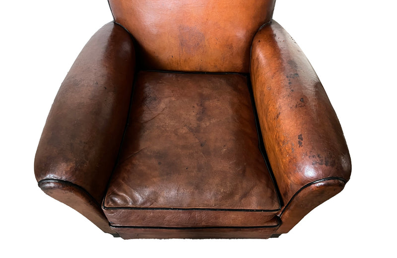 Moustache Back Leather Club Chair - French Mid Century Furniture - Art Deco Armchair - Leather Club Chair - Antique Leather Armchair - French Antique Furniture - Leather Armchair - Antique Armchair - AD & PS Antiques 