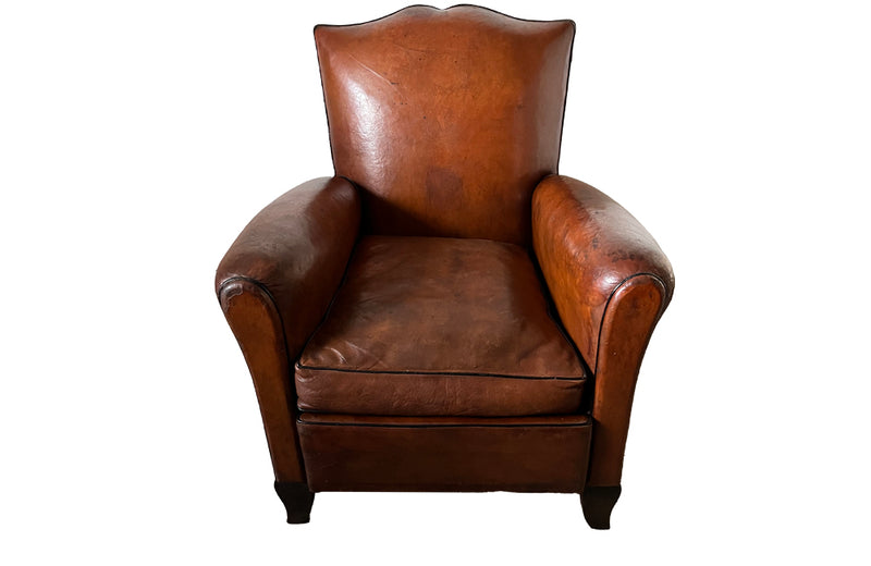 Moustache Back Leather Club Chair - French Mid Century Furniture - Art Deco Armchair - Leather Club Chair - Antique Leather Armchair - French Antique Furniture - Leather Armchair - Antique Armchair - AD & PS Antiques 