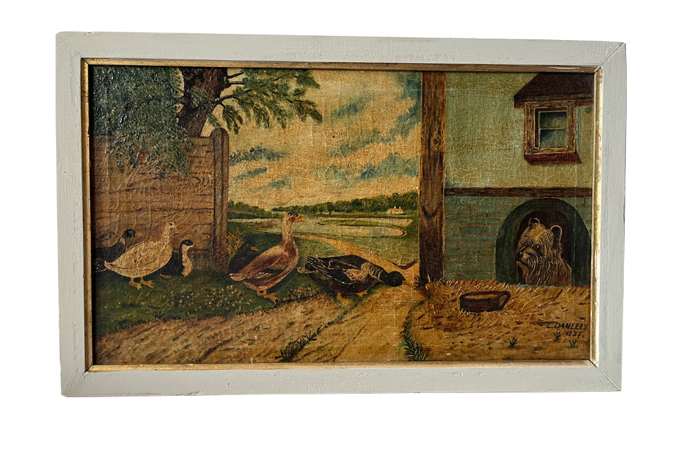 Signed Farmyard Scene Painting - French Decorative Antiques - Animal Art - Dog Painting - Naive Art - Paintings - Oil On Canvas - Signed Art - Wall Decoration - Antique Shops Tetbury - AD & PS Antiques -  