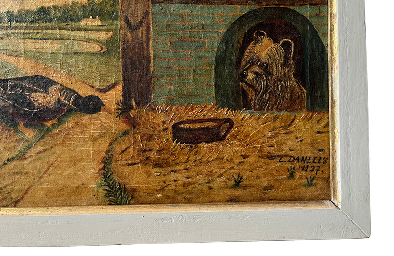 Signed Farmyard Scene Painting - French Decorative Antiques - Animal Art - Dog Painting - Naive Art - Paintings - Oil On Canvas - Signed Art - Wall Decoration - Antique Shops Tetbury - AD & PS Antiques - 