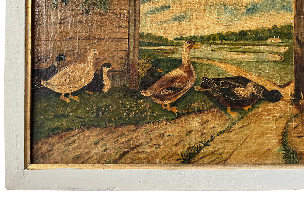 Signed Farmyard Scene Painting - French Decorative Antiques - Animal Art - Dog Painting - Naive Art - Paintings - Oil On Canvas - Signed Art - Wall Decoration - Antique Shops Tetbury - AD & PS Antiques - 