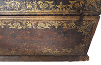 Charming French lidded file box in lovely old worn leather with Neo-Classical embossed motifs, including swans and urns . The base bears the original retail label of Au Bon Marche.