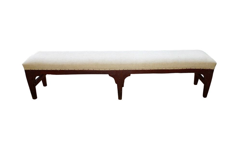Long French 19th Century upholstered Bench -French Antiques - Lareg bench- Banquette- Rustic Furnitire -Primitive Furniture -Country House - Farmhouse Furniture -AD & PS Antiques