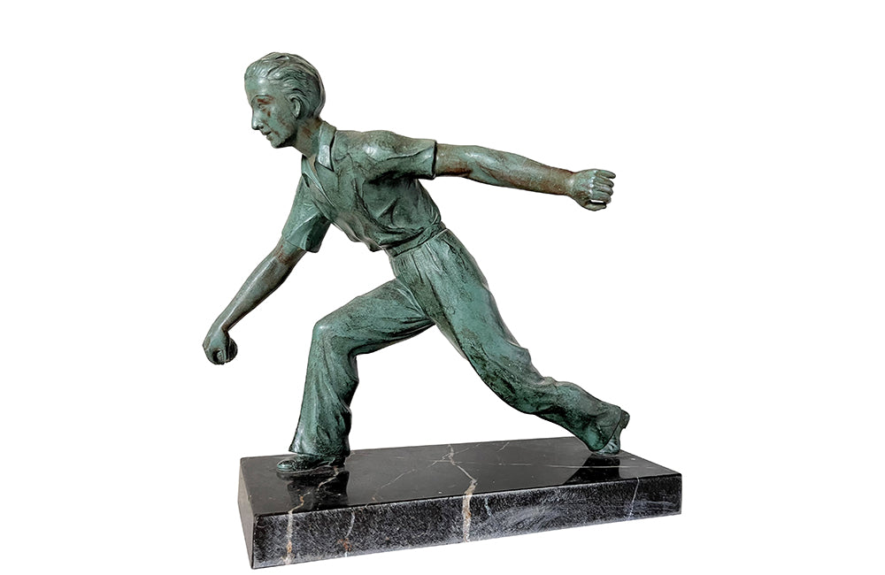 STATUE STATUETTE BRONZE Ancienne Joueur De Pétanque Socle Marbre Rose EUR 20,00 - FR