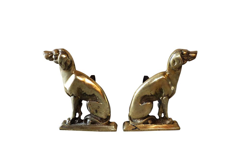 Pair of Brass Seated Hound Andirons-Dog Firedogs-French Antiques-English Antiques-Fireplace Accessories-Decorative accessoriesAD & PS Antiques
