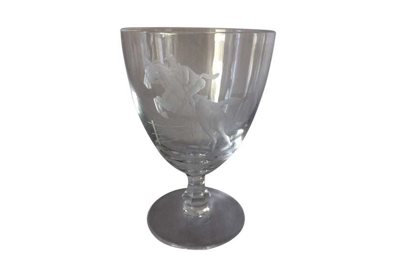 Grand Steeple Chase de Paris Crystal Wine Glass-Crystal Glass-Equestrian Antiques-French Vintage Glassware-Antique Glassware-Horse Rider-Decorative Accessories-Equestrian Gifts-AD & PS Antiques