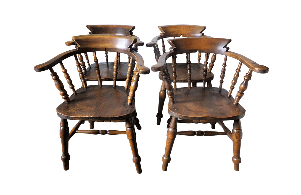 Set of Four Smokers Bows-Smokers Bows-Elm & Beech Armchairs-English Antiques-Armchairs-Dining Chairs-Captains Chairs-AD & PS Antiques