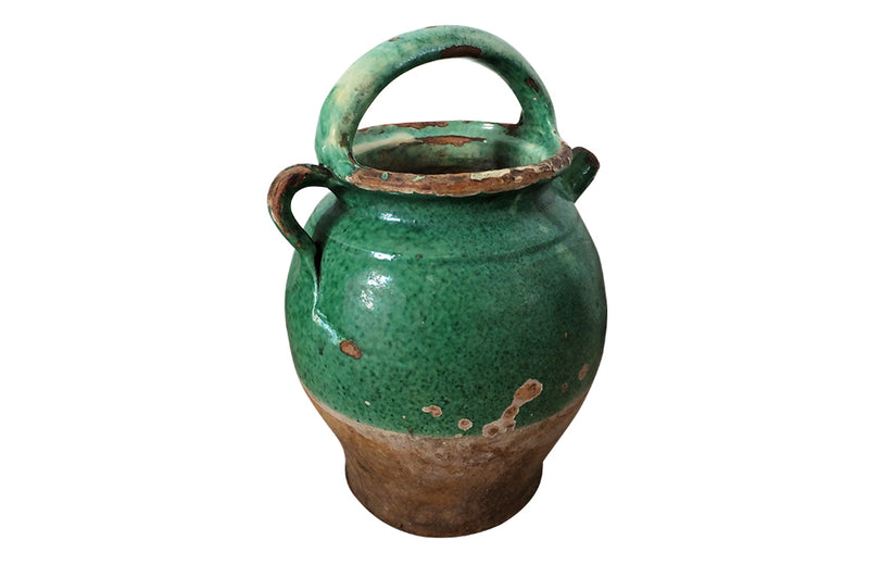 19th Century Green Glazed French Pottery Jug - Decorative Antiques - French Garden Antiques - Green Glazed Pottery - French Pottery Cruche -Decorative Antiques - French Decorative Antiques - Antique Shops Tetbury - Ceramics - AD & PS Antiques 