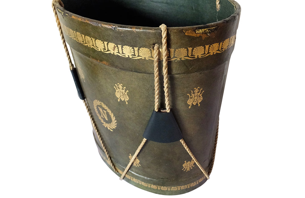 French Oval Leather Waste Paper Basket -Leather Green Leather Drum Waste Paper Bin-Leather Office Accessories-Decorative Accessories-French Antiques-Napoleon-Bees-AD & PS Antiques