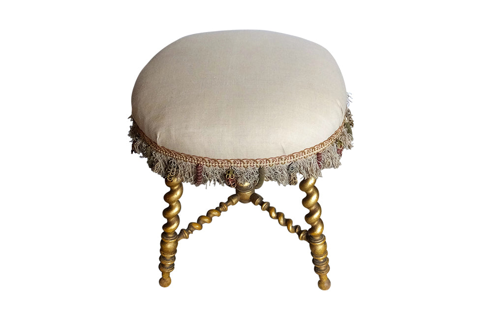 19th Century Gilt Barley Twist Stool-Giltwood Stool-Antique Stool-French Antiques-Antique Seating-Passementerie-Antique Linen-AD & PS Antiques